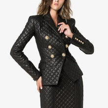 Load image into Gallery viewer, 2019 New Winter Style PU Leather Diamond Check Slim Double-Breasted Women's Set Fashion Celebrity Coat and Skirt Outerwear
