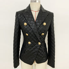 Load image into Gallery viewer, 2019 New Winter Style PU Leather Diamond Check Slim Double-Breasted Women's Set Fashion Celebrity Coat and Skirt Outerwear