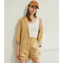 Load image into Gallery viewer, AMII Minimalism Spring Summer Suit Set Lapel Stripe Three Quarter Sleeves Suit Coat High Waist Shorts 12030238