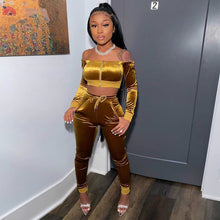 Load image into Gallery viewer, ANJAMANOR Sexy Velvet Women Two Piece Club Outfits Off Shoulder Long Sleeve Crop Top and Pants Matching Sets Spring 2020 D54BA09