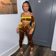 Load image into Gallery viewer, ANJAMANOR Sexy Velvet Women Two Piece Club Outfits Off Shoulder Long Sleeve Crop Top and Pants Matching Sets Spring 2020 D54BA09