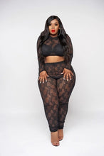Load image into Gallery viewer, Adogirl L-3XL Plus Size Women Sexy Sheer Lace Two Piece Set Long Sleeve Crop Top Pencil Pants Female Night Club Suit