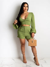 Load image into Gallery viewer, Adogirl Women Solid Casual Two Piece Set Buttons V Neck Long Lantern Sleeve Crop Top High Waist Shorts Cotton Wrinkle Suit