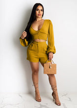 Load image into Gallery viewer, Adogirl Women Solid Casual Two Piece Set Buttons V Neck Long Lantern Sleeve Crop Top High Waist Shorts Cotton Wrinkle Suit