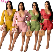 Load image into Gallery viewer, Adogirl Women Solid Casual Two Piece Set Buttons V Neck Long Lantern Sleeve Crop Top High Waist Shorts Cotton Wrinkle Suit