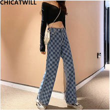Load image into Gallery viewer, Chic Harajuku BF High Waist Pocket Wide Leg Plaid Denim Jeans Women England Checker Jeans Casual Europe Boyfriend Loose Trousers