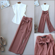 Load image into Gallery viewer, Fashionable OL Women Stand Collar Chiffon Top and Wide Leg Pants Office Wear Clothing Set Summer Set
