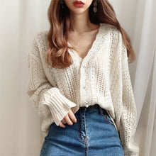 Load image into Gallery viewer, H.SA 2020 Women Spring Summer Sweater and Cardigans Low V-Neck Knit Tops Long Sleeve Hollow Out Sexy Cardigan Loose White Tops