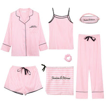 Load image into Gallery viewer, HNM Pink Stripe Print Pajamas Set Silk Satin Homewear Women's 7 Pieces Sleepwear Sets Pyjama Women Spring Summer Autumn