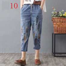 Load image into Gallery viewer, High waisted Embroidery Harem Jeans Distressed Women Loose Plus Size Womens Jeans With Embroidery Elastic Waist Denim Pants