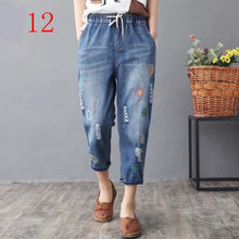 Load image into Gallery viewer, High waisted Embroidery Harem Jeans Distressed Women Loose Plus Size Womens Jeans With Embroidery Elastic Waist Denim Pants