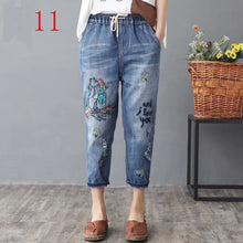 Load image into Gallery viewer, High waisted Embroidery Harem Jeans Distressed Women Loose Plus Size Womens Jeans With Embroidery Elastic Waist Denim Pants