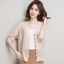 Load image into Gallery viewer, Lady Summer Knit Coat Elegant V-Neck Thin Knitwear Hollow Out Knit Outwear Long Sleeve See Through Knit Cardigan