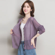 Load image into Gallery viewer, Lady Summer Knit Coat Elegant V-Neck Thin Knitwear Hollow Out Knit Outwear Long Sleeve See Through Knit Cardigan