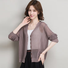 Load image into Gallery viewer, Lady Summer Knit Coat Elegant V-Neck Thin Knitwear Hollow Out Knit Outwear Long Sleeve See Through Knit Cardigan