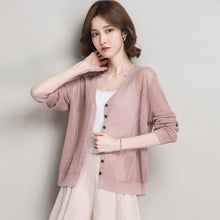 Load image into Gallery viewer, Lady Summer Knit Coat Elegant V-Neck Thin Knitwear Hollow Out Knit Outwear Long Sleeve See Through Knit Cardigan