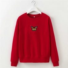 Load image into Gallery viewer, Momoluna Autumn Sweatshirt Women Butterfly embroidery white black gray red Long Sleeve Pullovers Ladies Casual Tops Hoodies