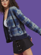 Load image into Gallery viewer, New cute kawaii vintage furry plush crop tops blue plaid short loose cardigan long sleeve V-Neck knitting sweater women