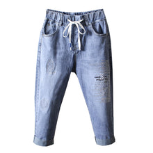 Load image into Gallery viewer, Plus Size Breeches Denim for Women Summer Knee Length boyfriend Jeans Capris Elastic High Waist mom jeans Beading Embroidery