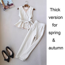 Load image into Gallery viewer, Spring Summer Fashionable Women V-neck Peplum Bowknot Waist Top and Wide Leg Pants Clothing Set OL Set