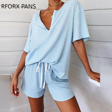 Load image into Gallery viewer, Women Soild Striped V-neck Tracksuit Short Sleeve Drawstring Pajamas Set Casual Two Piece Set