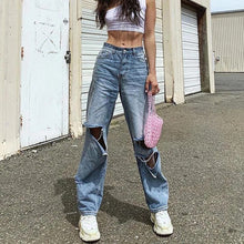 Load image into Gallery viewer, 2019 Europe and the United States street shooting explosions women's fall hot new holes high waist wide leg jeans
