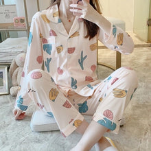 Load image into Gallery viewer, 2020 Women Pajamas Sets with Pants Long Sleeve Turn-down Collar with Pocket Pyjama Cute Cartoon Button Top+Pants Pijama

