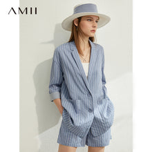 Load image into Gallery viewer, AMII Minimalism Spring Summer Suit Set Lapel Stripe Three Quarter Sleeves Suit Coat High Waist Shorts 12030238

