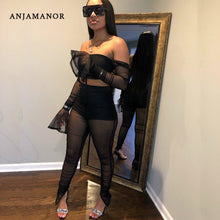 Load image into Gallery viewer, ANJAMANOR Sexy Ruched Mesh Sheer Off Shoulder Two Piece Tights Set Women Going Out Club Outifts Festival 2 Piece Twinset D13-AG4
