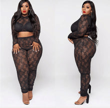 Load image into Gallery viewer, Adogirl L-3XL Plus Size Women Sexy Sheer Lace Two Piece Set Long Sleeve Crop Top Pencil Pants Female Night Club Suit
