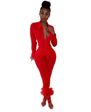 Load image into Gallery viewer, Adogirl Women Sexy Sheer Mesh Two Piece Set Long Sleeve Shirts Top + Pencil Pants Fashion Blouse Suit Night Club Party Outfits

