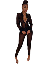 Load image into Gallery viewer, Adogirl Women Sexy Sheer Mesh Two Piece Set Long Sleeve Shirts Top + Pencil Pants Fashion Blouse Suit Night Club Party Outfits
