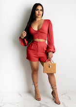 Load image into Gallery viewer, Adogirl Women Solid Casual Two Piece Set Buttons V Neck Long Lantern Sleeve Crop Top High Waist Shorts Cotton Wrinkle Suit
