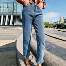Load image into Gallery viewer, Artsnie Winter 2018 Blue Denim Lined Cashmere Pencil Pants Women High Waist Pockets Boyfriend Jeans Femme Warm Autumn 2018 Pants
