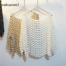 Load image into Gallery viewer, Cakucool Women Luxury Pearl Beading Blouse Gold Lurex Lace Hollow Out Cute Shirt Flare Sleeve Elegant Blusa Pullover Femme
