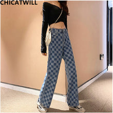 Load image into Gallery viewer, Chic Harajuku BF High Waist Pocket Wide Leg Plaid Denim Jeans Women England Checker Jeans Casual Europe Boyfriend Loose Trousers
