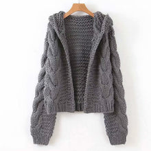 Load image into Gallery viewer, Chic Hooded Cross Twist Flowers Hooked Sweater Cardigan Loose Handmade Coarse Wool Thick Crocheted Knit Jacket Coat Tops Ins
