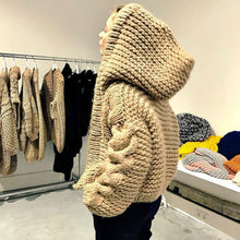 Load image into Gallery viewer, Chic Hooded Cross Twist Flowers Hooked Sweater Cardigan Loose Handmade Coarse Wool Thick Crocheted Knit Jacket Coat Tops Ins
