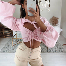 Load image into Gallery viewer, Cryptographic Drawstring Ruched Women Tops and Blouse Shirts Bubble Long Sleeve Summer Sexy Crop Top Pink Shirt Blouses Elegant
