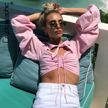 Load image into Gallery viewer, Cryptographic Drawstring Ruched Women Tops and Blouse Shirts Bubble Long Sleeve Summer Sexy Crop Top Pink Shirt Blouses Elegant
