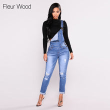Load image into Gallery viewer, FLEUR WOOD Jeans Bib Female Hole Slimming Feet Jeans Women High Elastic Plus Size Stretch Jeans Female Washed Denim skinny Jeans
