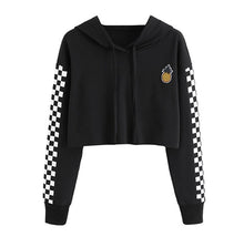 Load image into Gallery viewer, Girls Casual Pineapple Flower Embroidery Gingham Plaid Hoodies With Long Sleeves Women's Hooded Crop Tops Short Sweatshirt
