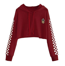 Load image into Gallery viewer, Girls Casual Pineapple Flower Embroidery Gingham Plaid Hoodies With Long Sleeves Women's Hooded Crop Tops Short Sweatshirt
