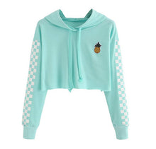 Load image into Gallery viewer, Girls Casual Pineapple Flower Embroidery Gingham Plaid Hoodies With Long Sleeves Women's Hooded Crop Tops Short Sweatshirt
