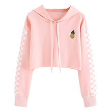 Load image into Gallery viewer, Girls Casual Pineapple Flower Embroidery Gingham Plaid Hoodies With Long Sleeves Women's Hooded Crop Tops Short Sweatshirt
