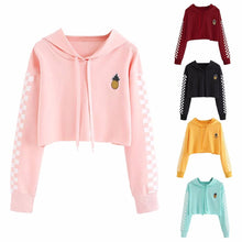 Load image into Gallery viewer, Girls Casual Pineapple Flower Embroidery Gingham Plaid Hoodies With Long Sleeves Women's Hooded Crop Tops Short Sweatshirt
