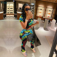 Load image into Gallery viewer, HAOYUAN Tie Dye Two Piece Set Women Tracksuit Summer Club Outfits Crop Top Stacked Pants Sweat Suit Lounge Wear Matching Sets

