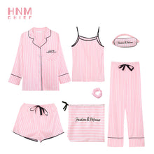 Load image into Gallery viewer, HNM Pink Stripe Print Pajamas Set Silk Satin Homewear Women's 7 Pieces Sleepwear Sets Pyjama Women Spring Summer Autumn
