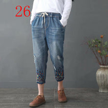 Load image into Gallery viewer, High waisted Embroidery Harem Jeans Distressed Women Loose Plus Size Womens Jeans With Embroidery Elastic Waist Denim Pants
