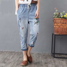 Load image into Gallery viewer, High waisted Embroidery Harem Jeans Distressed Women Loose Plus Size Womens Jeans With Embroidery Elastic Waist Denim Pants
